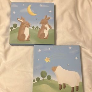 Expressions Baby Room Wall Hanging Set of 2  12x12 Bunnies and Moon, Sheep &Star